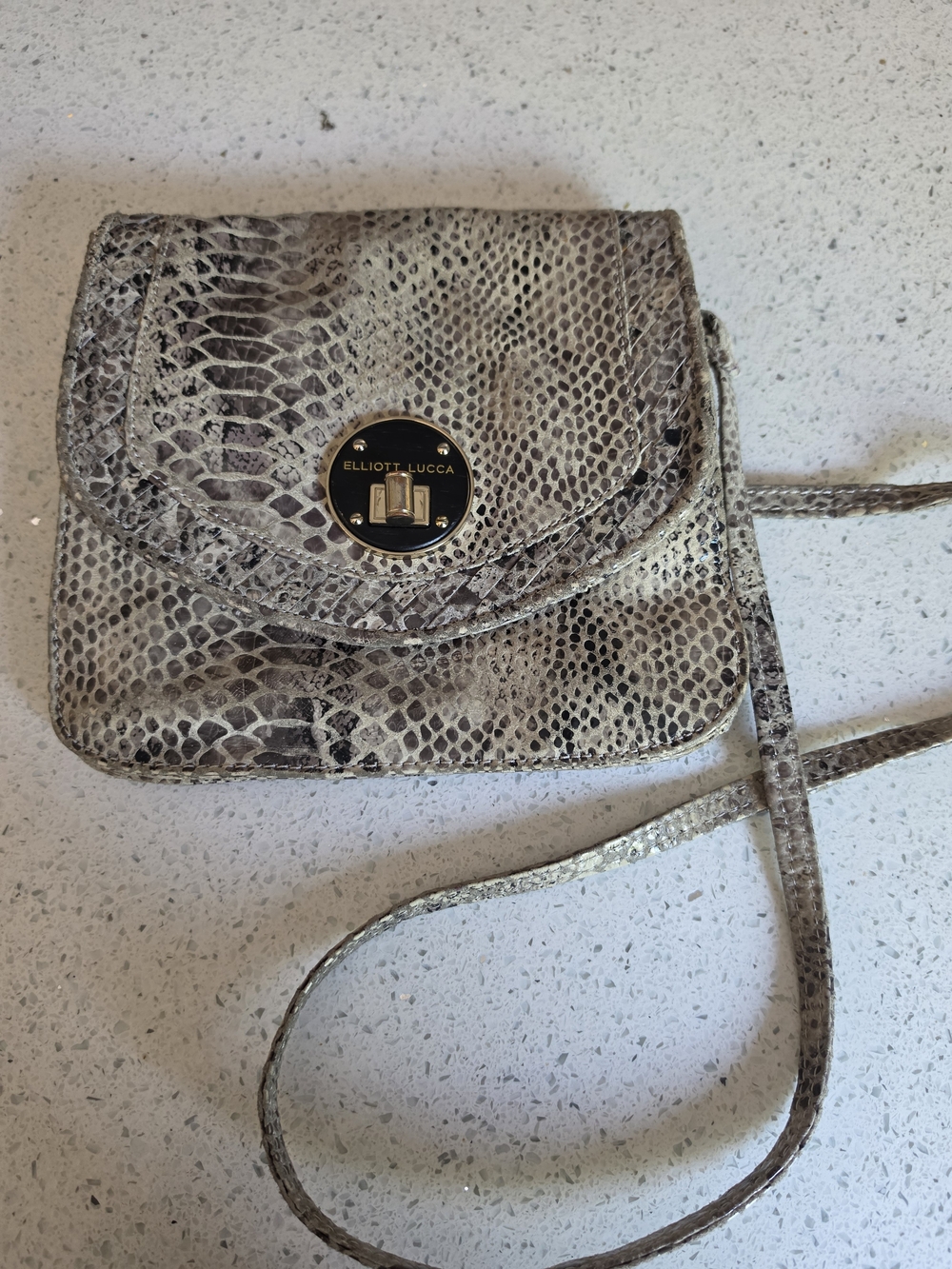Elliott Lucca Taupe Snake-Print Crossbody with Gold Turn-Lock